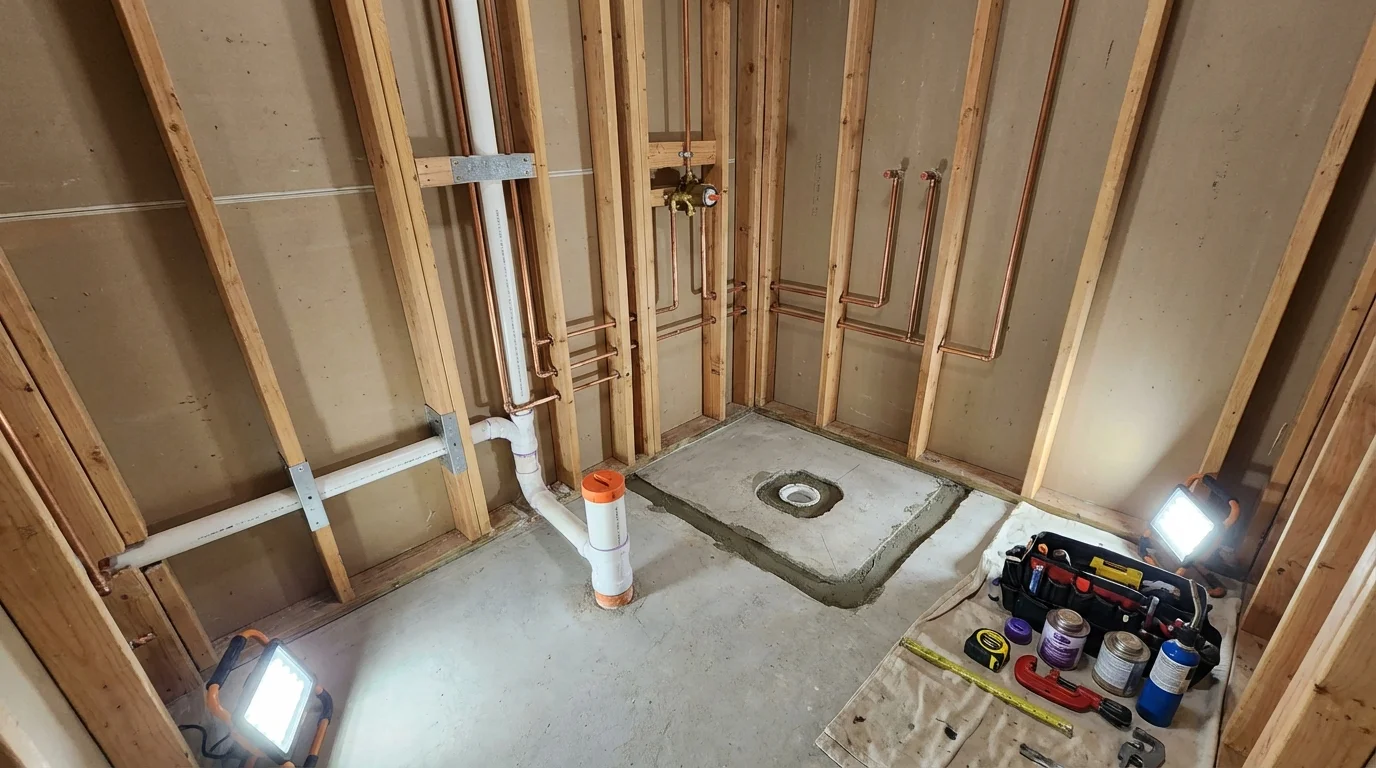 Bathroom rough-in plumbing during remodel by Johns Plumbing LLC in Smithland