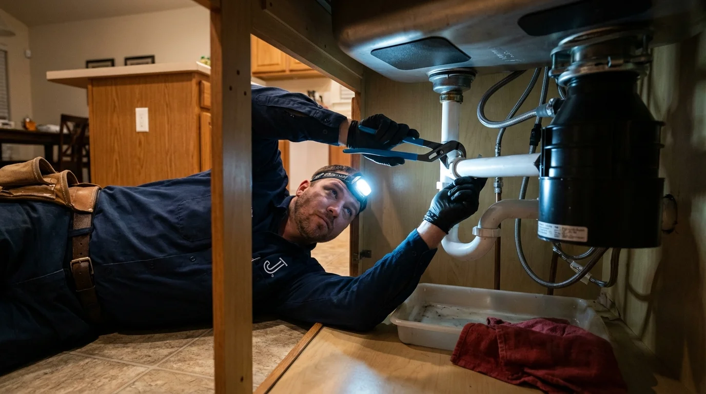 P-trap and supply line connections under a kitchen sink showing a common leak point in Smithland, KY